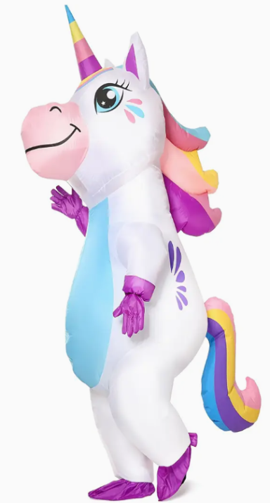 Einhorn Kostüm Ein freundliches, buntes Einhornkostüm mit großen Augen und buntem Horn.