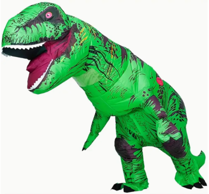 Dinosaurier Kostüm Grüner Tyrannosaurus-Rex-Kostüm aus Aufblasmaterial, stehend und mit großem Maul.