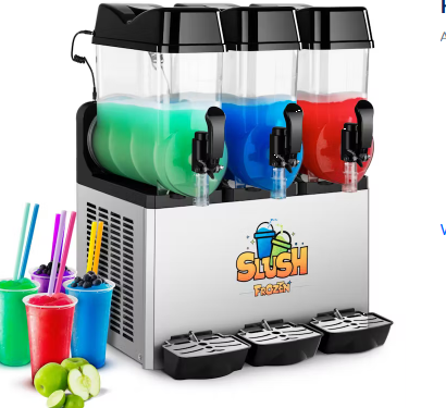 Slush Eis Maschine Ein Slush-Eis-Maker mit drei Farben und verschiedenen Bechern und Strohhalmen.