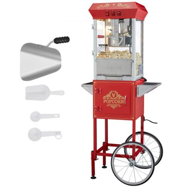 Popcornmaschine Rote Popcornmaschine auf Wagen, inklusive Schaufel und Messlöffel.