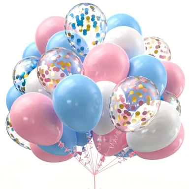 Luftballons in verschiedenen Varianten Bunte Luftballons in Rosa, Blau und Weiß mit Konfetti gefüllt.