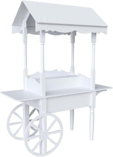 Candybar Weißer Verkaufsstand mit Dach und Rädern.